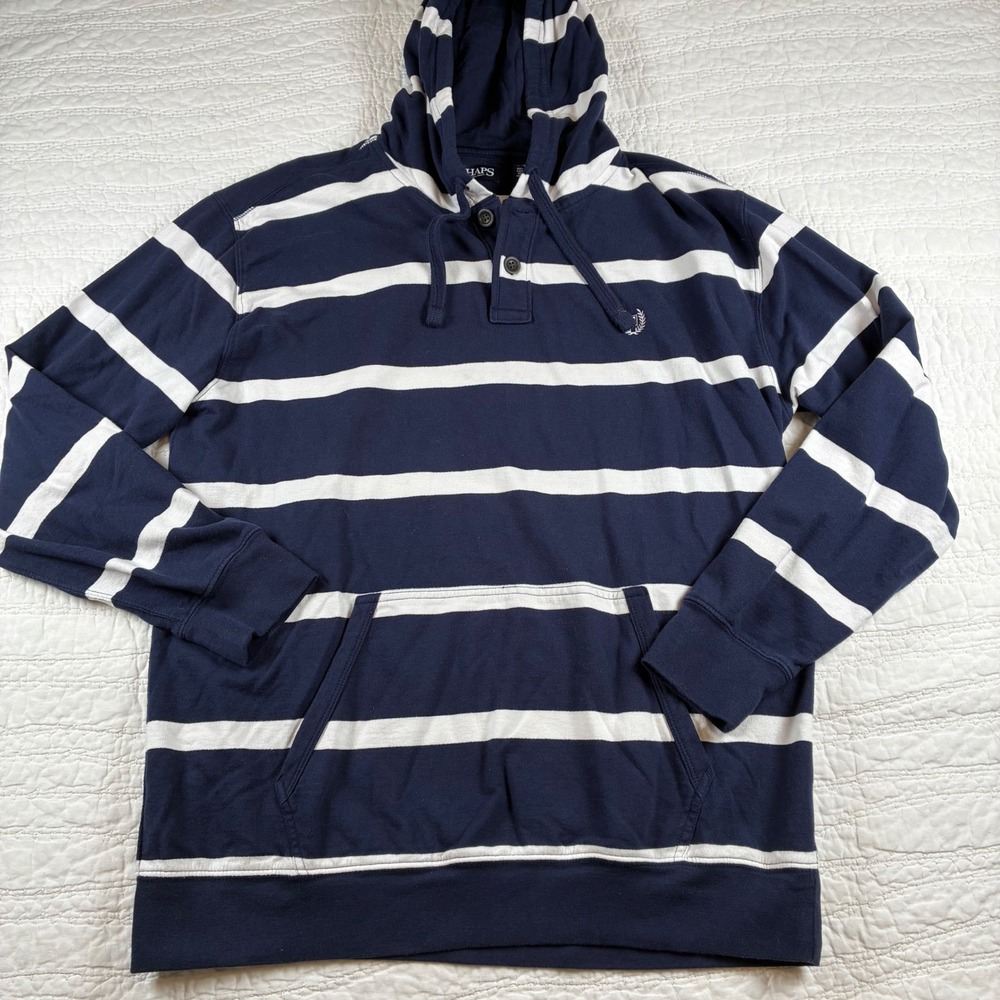 Chaps Hoodie Mens XL Navy Blue Striped Henley Pullover Nautical Preppy *note